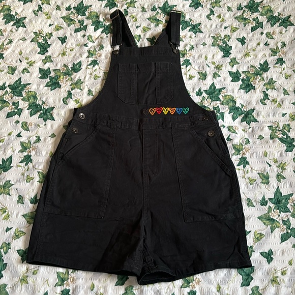 Black Overall Shorts with Embroidered Rainbow Hearts - Picture 2 of 8
